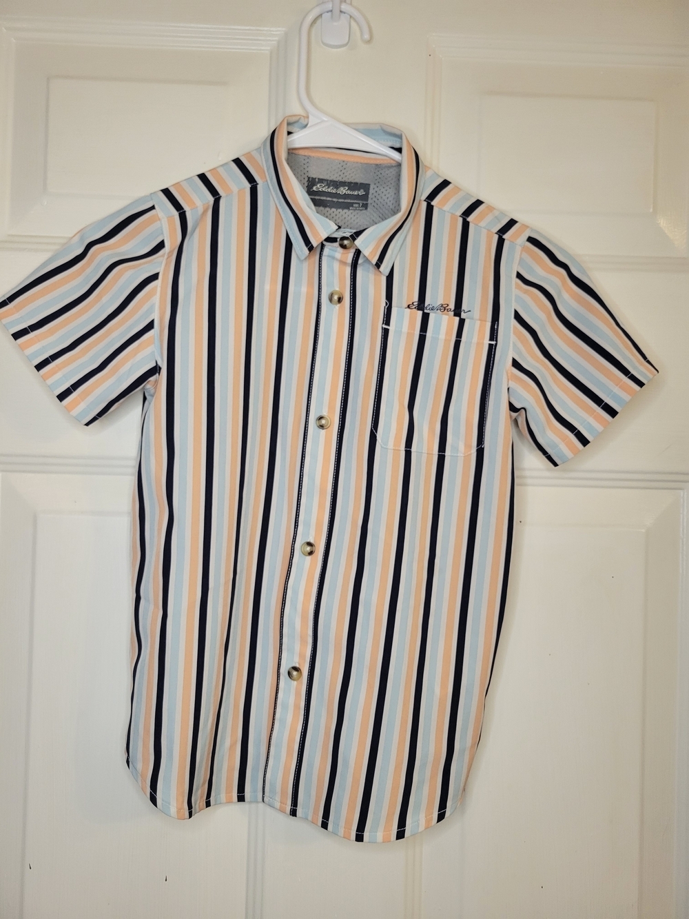 Eddie Bauer Boy's Short Sleeve Stripe Button-Up Shirt - White/Blue/Tan